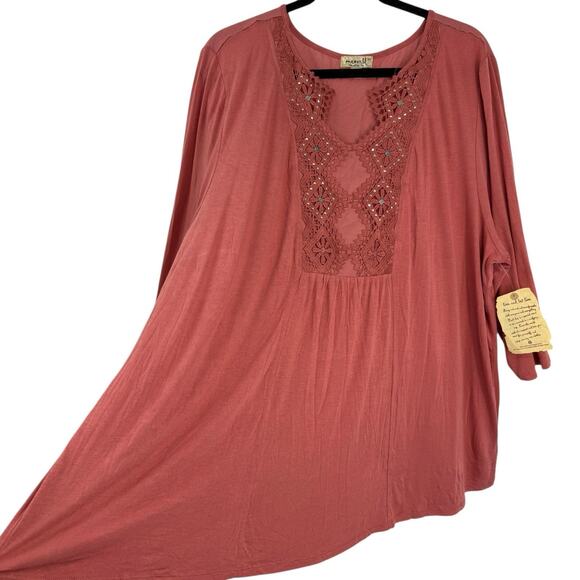 Live Let Live Plus 3X Tunic Rose Pink Lace Embellish V Neck Soft Viscose Art NWT - Picture 1 of 12